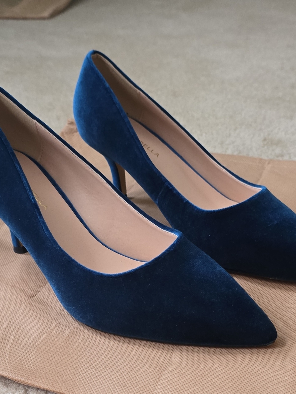Classic Blue Velvet Pointed Mid-Heel Pumps